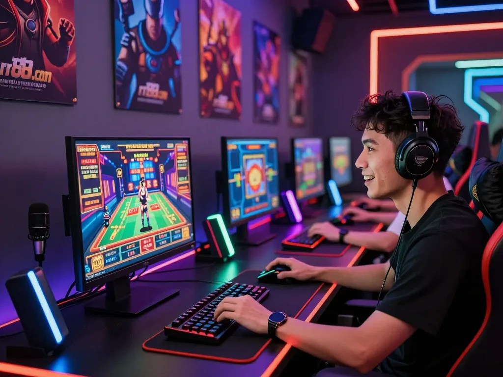 Engaged gamer enjoying online casino games on rr88.com with vibrant screens and gaming setup.