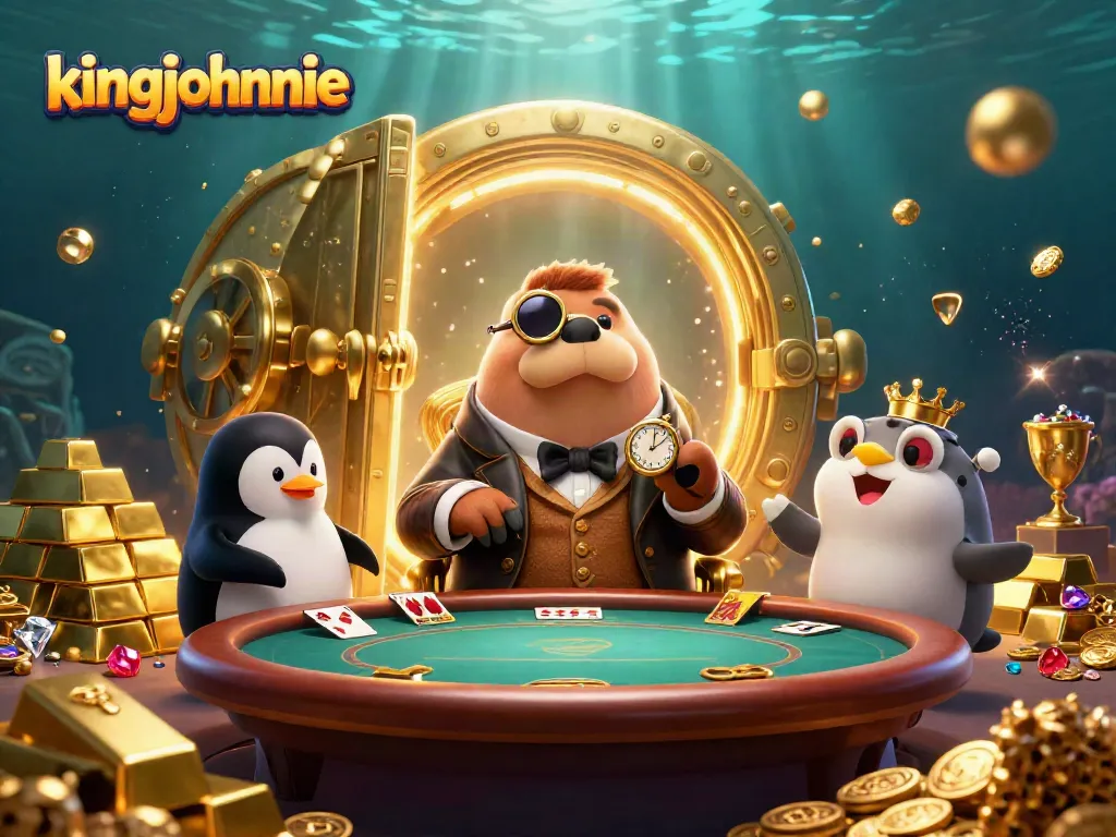 Engage with kingjohnnie at an underwater poker table with a walrus, penguin, and pufferfish in a dynamic scene.