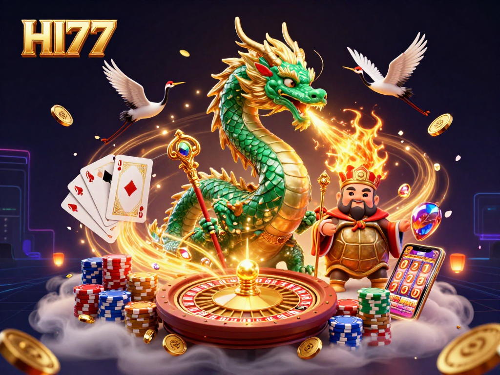 Experience HI77's thrilling gaming scene with a jade dragon, turtle sage, and cranes amidst exhilarating casino elements.