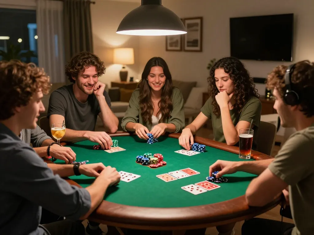 Friends enjoying a poker night at home while using fa88vn gaming strategies for fun and entertainment.