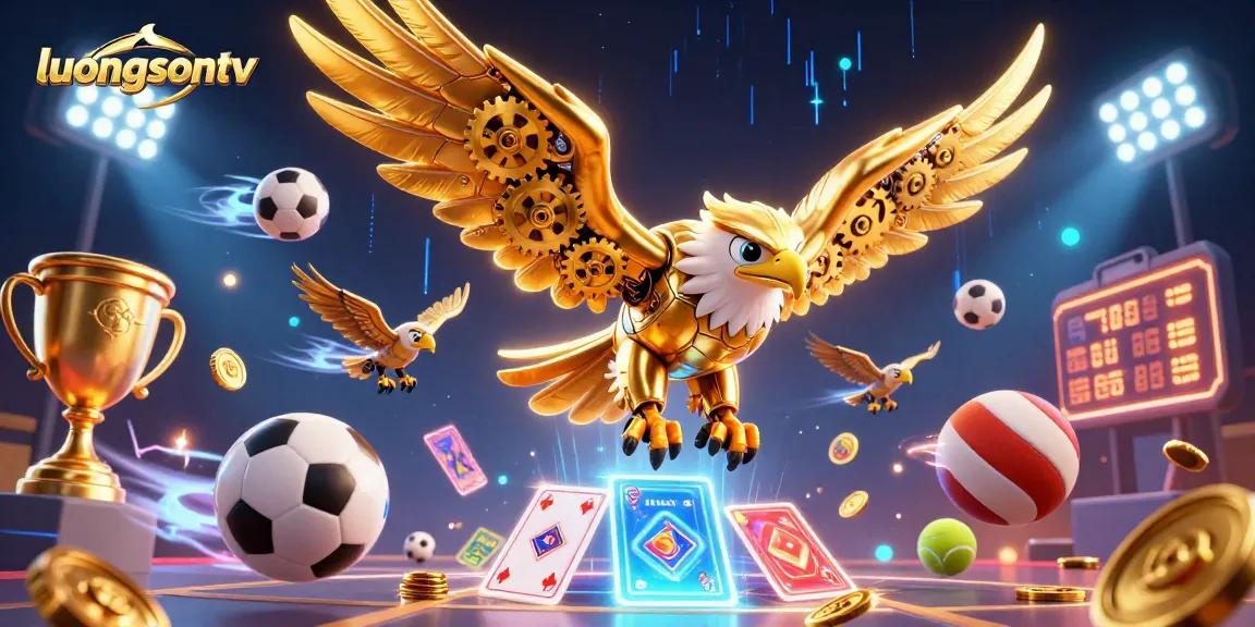 luongsontv showcases an exhilarating scene with a cybernetic eagle diving amidst sports elements, capturing the essence of football betting.