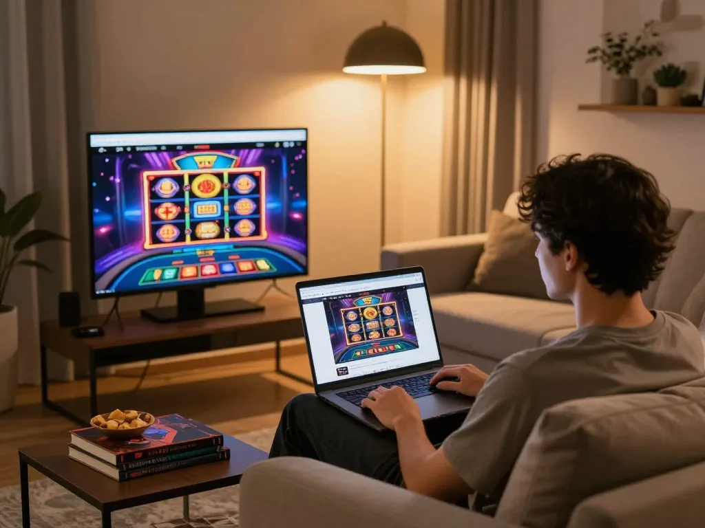 Participer à des casinos en ligne avec un élégant setup de jeu à domicile présentant un ordinateur portable affichant des jeux passionnants.