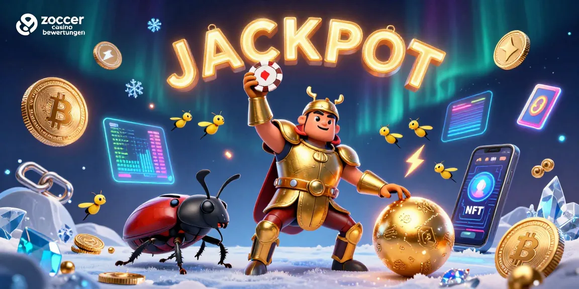 Zoccer casino bewertungen highlights a cartoon beetle in golden armor winning a poker chip with fireflies spelling JACKPOT.