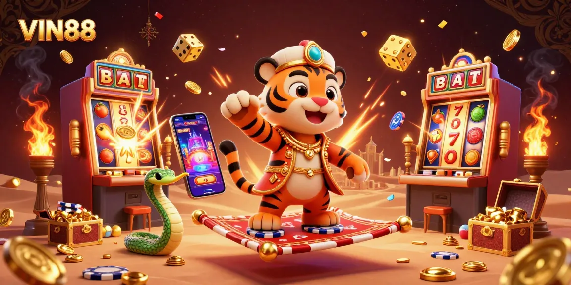 Experience the thrill of VIN88 with vibrant 3D illustration of a magical casino scene bursting with excitement.
