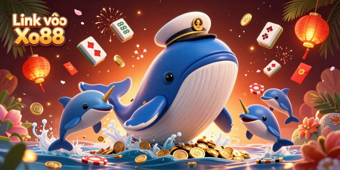 Link vào Xo88 showcases an imaginative scene with a whale, narwhal, and dolphins among golden casino elements.