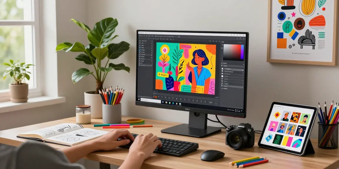 Digital artist enhancing AI-generated visuals with Nano Banana in a modern creative workspace filled with inspiration.