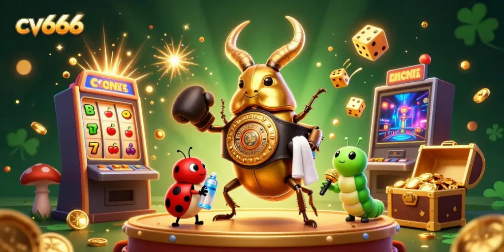 Engage with cv666's thrilling casino world featuring a giant beetle boxer and vibrant game elements.