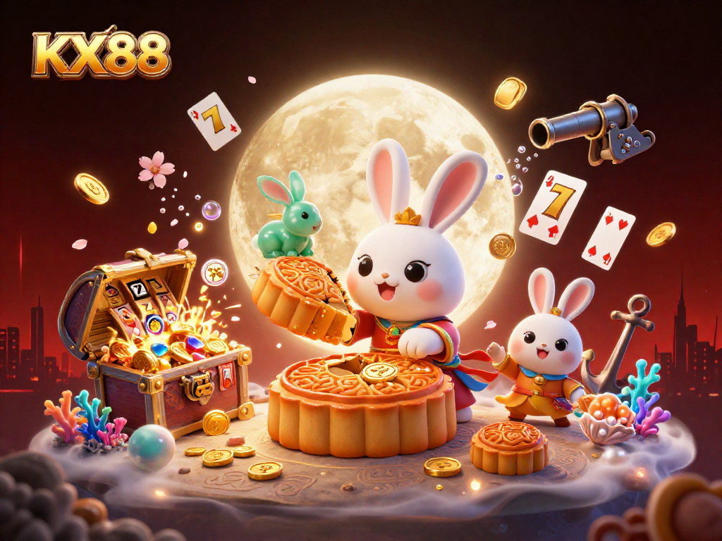 KX88 players hitting jackpots with vibrant casino-themed characters in a dynamic lunar scene.