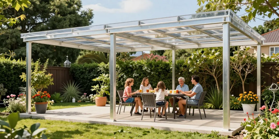 Moderne Terrassenüberdachung freistehend in einem einladenden Garten mit Familie, stilvoll und einladend gestaltet.