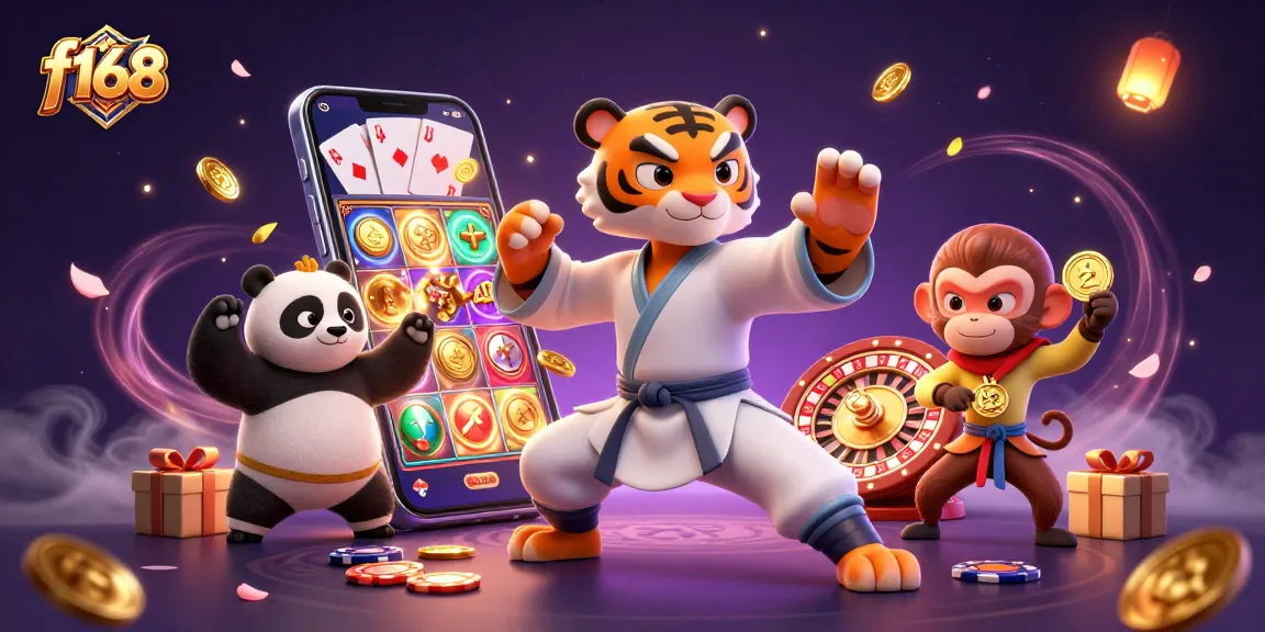 Experience thrilling gameplay at f168 with a kung fu tiger master and a playful monkey in a vibrant casino scene.