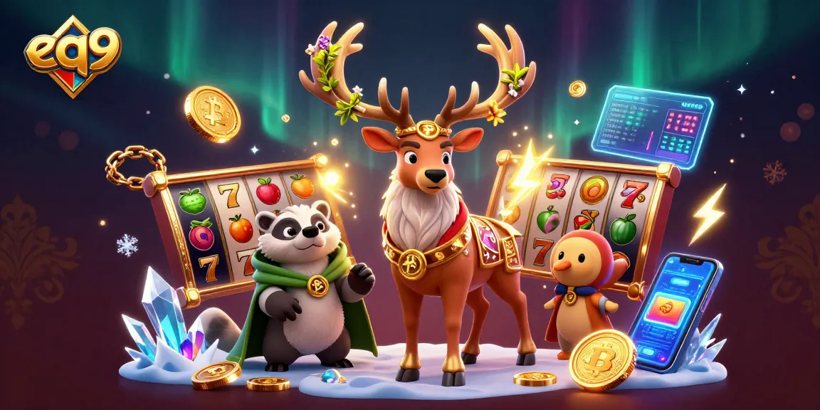 Spin to win at eq9, featuring a druid stag and lucky symbols amidst vibrant casino magic.