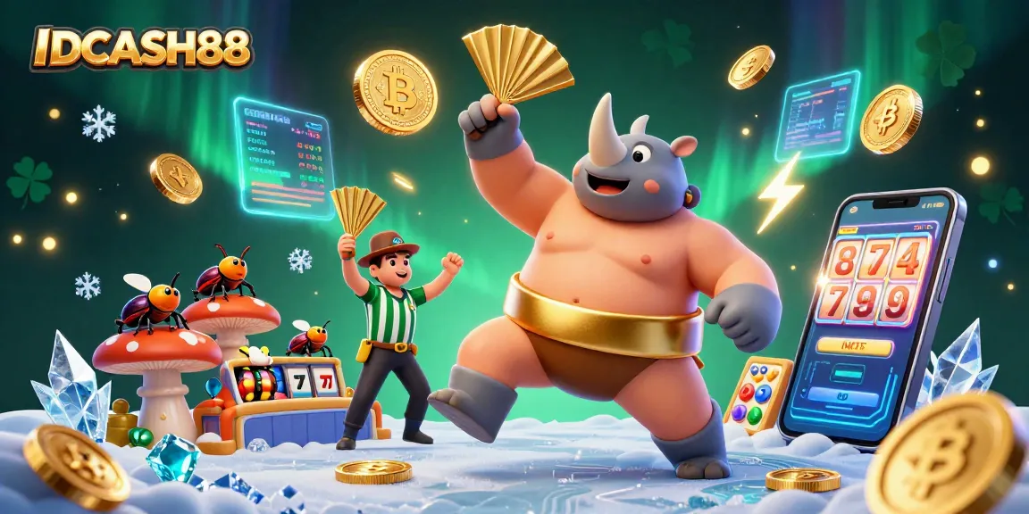 Experience thrilling gameplay with IDCASH88, featuring vibrant beetle characters and crypto elements in a dynamic casino scene.