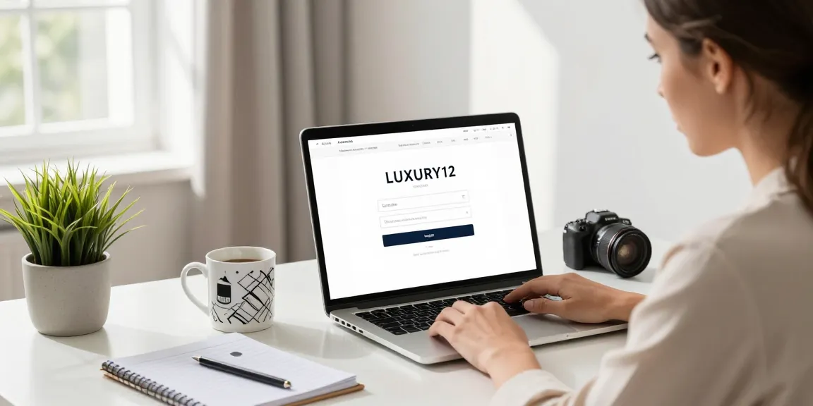 Pengguna melakukan LUXURY12 Login di laptop dalam ruang kerja elegan dengan cahaya alami.