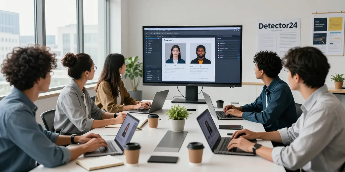 Team using Detector24 to detect AI images in a modern workspace.