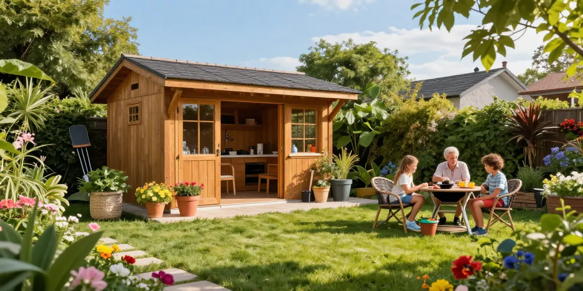 Das Gartenhaus im sonnigen Garten mit Familienaktivitäten und blühenden Pflanzen.