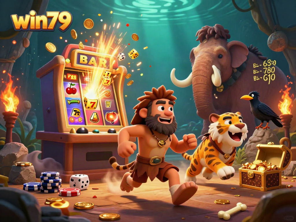 Experience the excitement of win79 with a vibrant prehistoric casino scene featuring a caveman, sabertooth tiger, and clever crow.