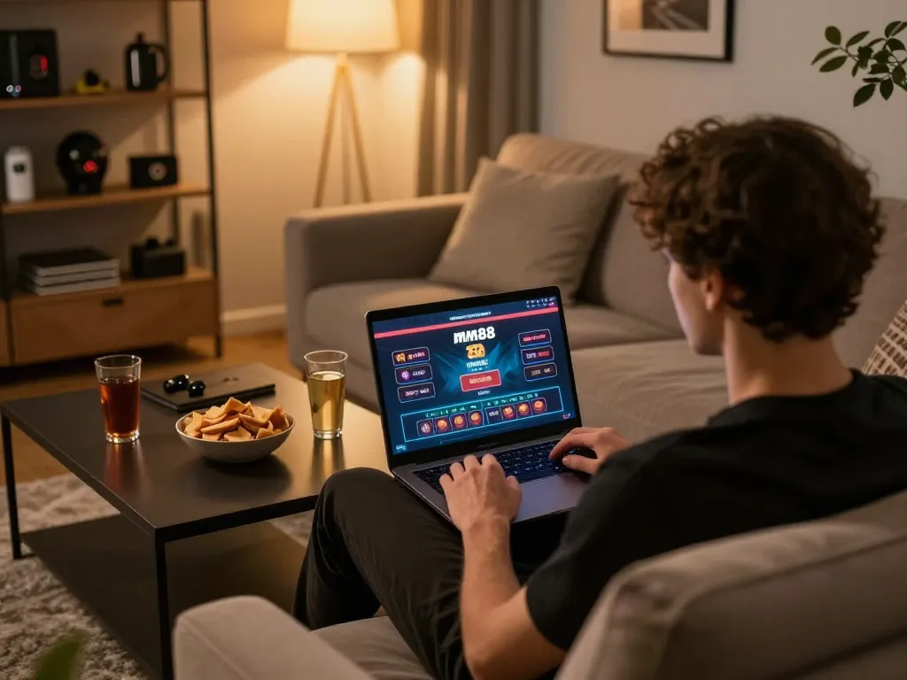 Player engaging with mm88 online casino on laptop while relaxing at home