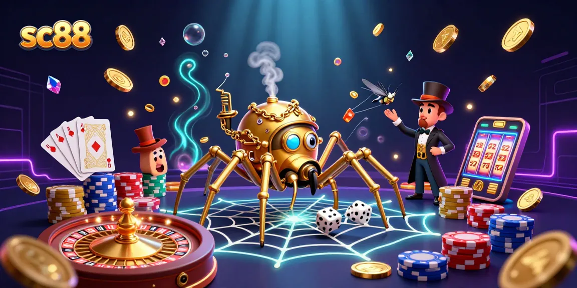 Experience thrilling gameplay with SC88, featuring an intricate web of golden chains and poker chips.