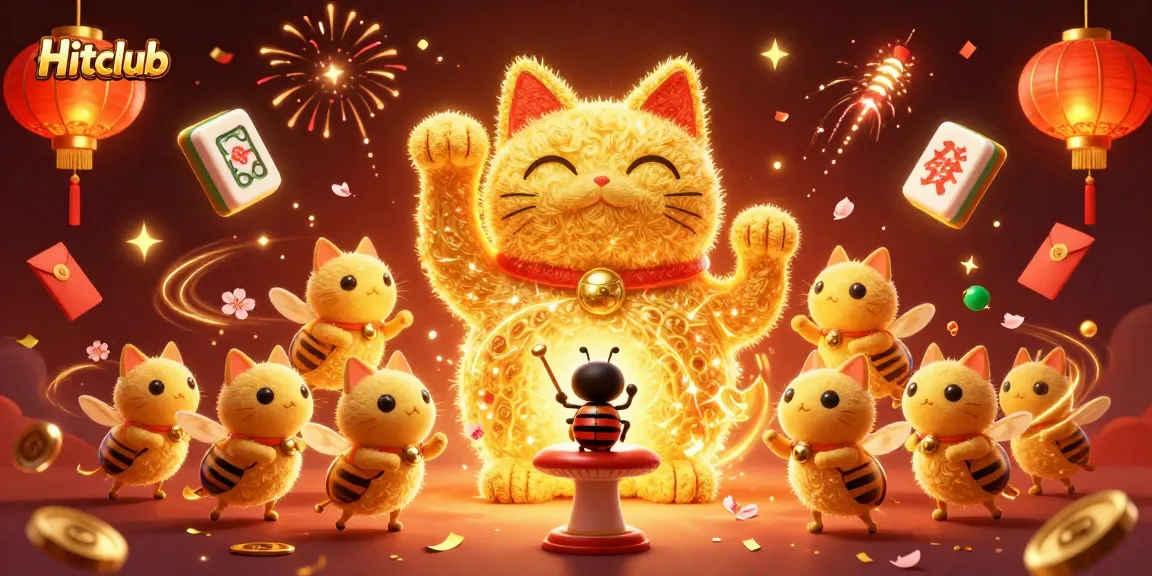 Experience the excitement of Hitclub with a vibrant 3D illustration showcasing casino symbols and a lucky cat.