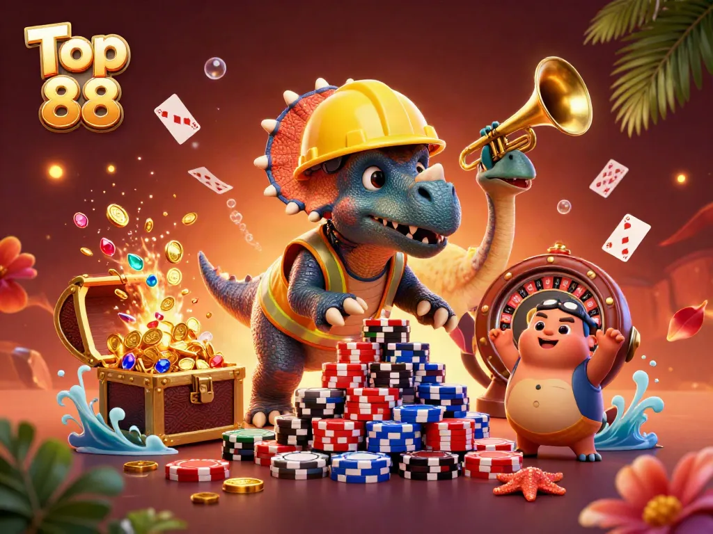 Engage in thrilling gameplay at Top 88 with vibrant casino-themed characters and dynamic gaming elements.