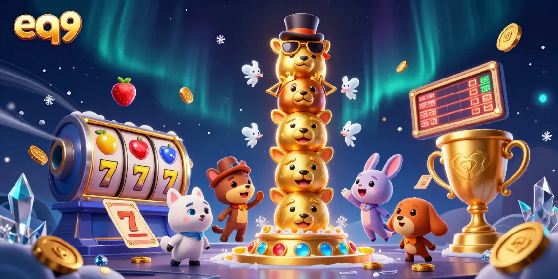 Spin to win at eq9: A vibrant 3D casino illustration filled with dynamic gaming elements.