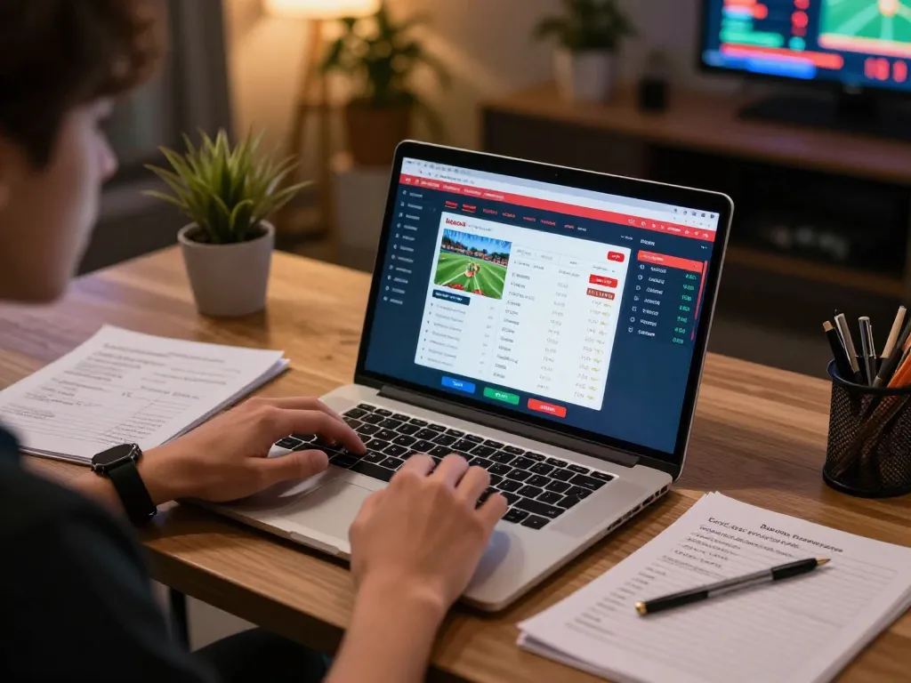 Person analyzing keonhacaii sports betting odds on laptop with notes.