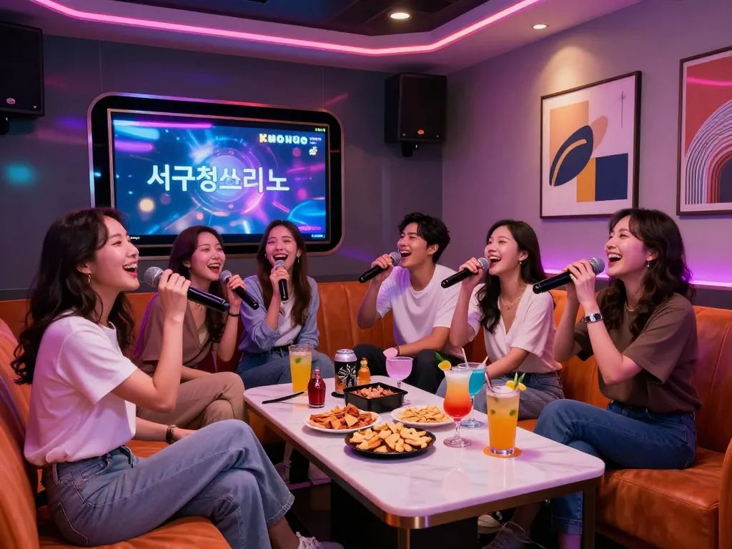 친구들과 함께 노래하는 서구청쓰리노 노래방의 신나는 밤, 다채로운 분위기와 음료.