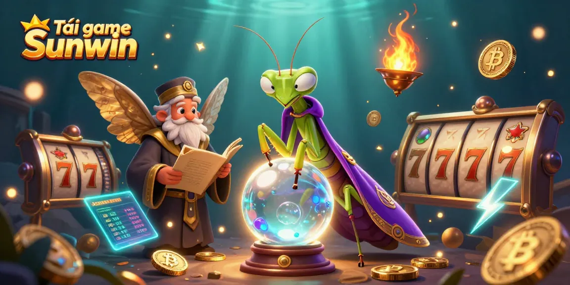 Tải game Sunwin with a mystical fortune teller and librarian amid animated casino elements