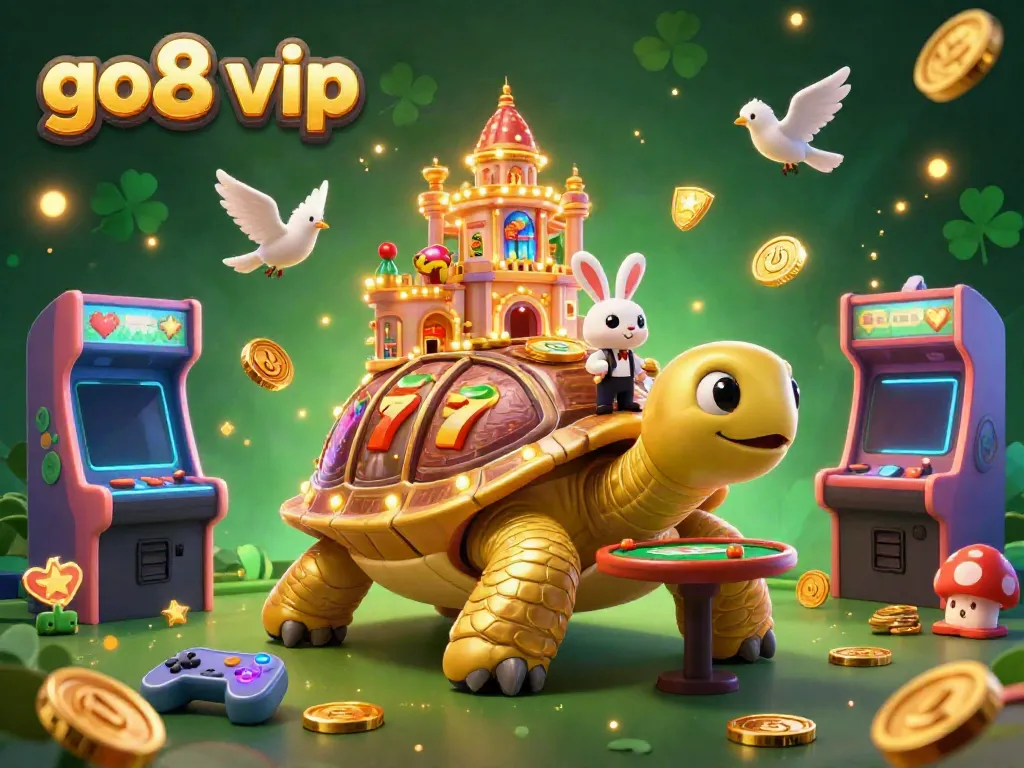 Experience exciting gameplay with go8 vip in a vibrant casino scene featuring a golden tortoise and a rabbit dealer.