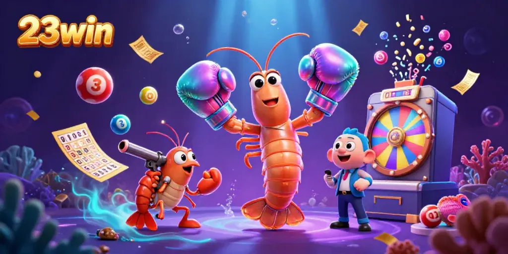 23win engages players with vibrant casino action featuring shrimp in gloves amidst colorful lottery elements
