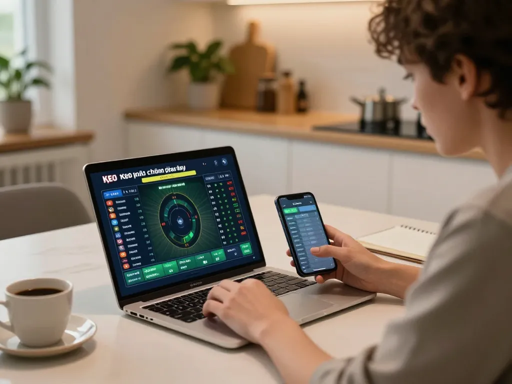 Engaging moment of analyzing kèo nhà cái hôm nay on a laptop while reviewing betting strategies, promotes responsible gambling.
