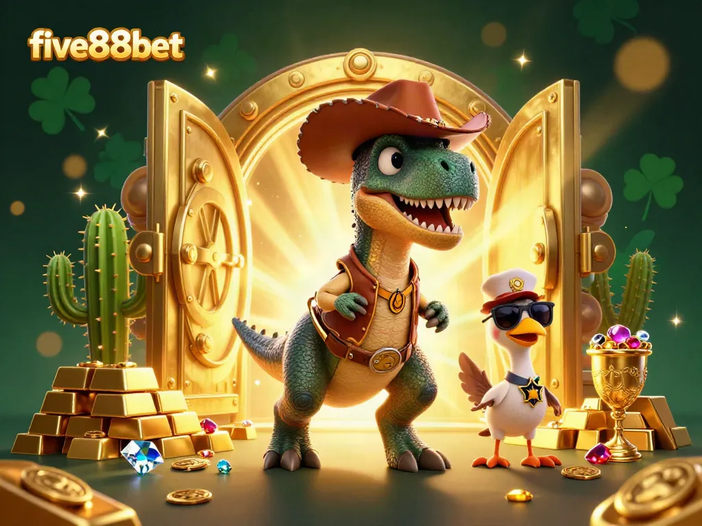 Engage in thrilling play at five88bet while enjoying vibrant casino-themed characters and treasures.