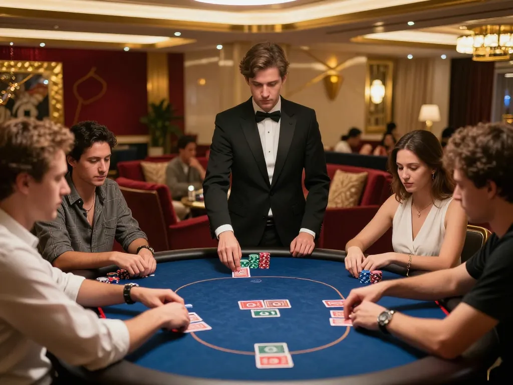 RR88 poker game in an elegant casino atmosphere with players focused on strategy.