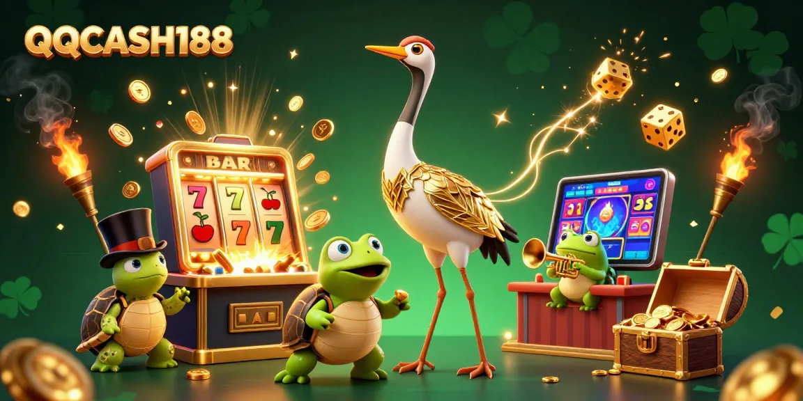 Experience thrilling gaming moments at QQCASH188 with vibrant 3D illustrations of jackpot wins and colorful casino elements.