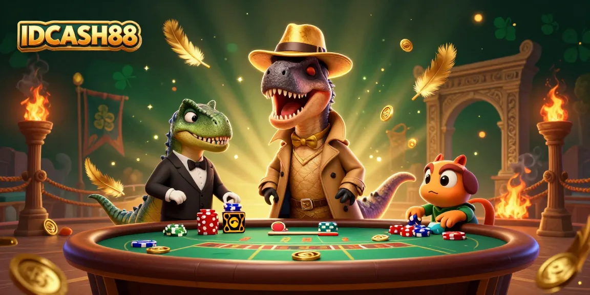 Experience a thrilling game scene at IDCASH88 with a velociraptor card counter and a pit boss, capturing the excitement of strategic gaming.