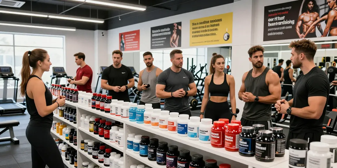 Anabolika Shop Deutschland mit Fitnessbegeisterten, die sich mit Trainern über sichere Steroidoptionen in einem modernen Fitnessstudio austauschen.