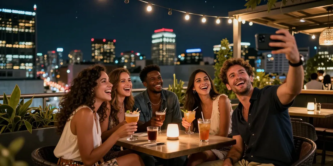 Nhóm bạn trẻ tận hưởng một đêm sôi động tại quán bar trên mái, thể hiện không khí và phong cách sống của gái gọi.