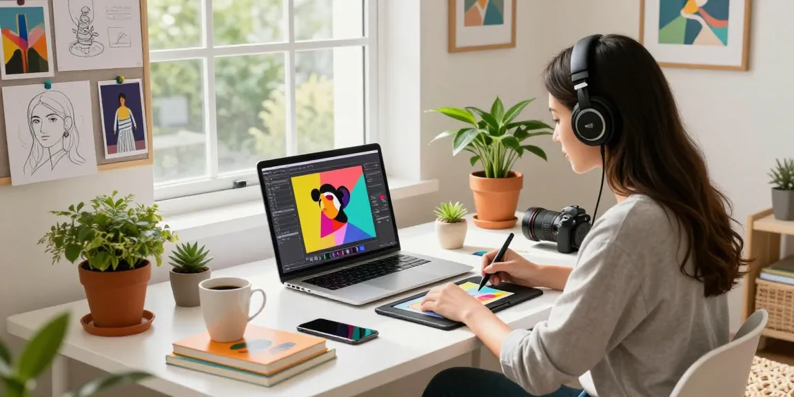 Designer using a free AI image editor on a sleek desk, showcasing creativity in a bright digital workspace.