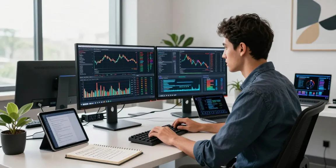 Developer using futures high frequency tick API in a modern tech workspace with real-time analytics on multiple screens.