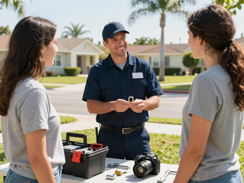Local locksmith Jensen Beach providing expert lock installation service to a homeowner in a sunny neighborhood.