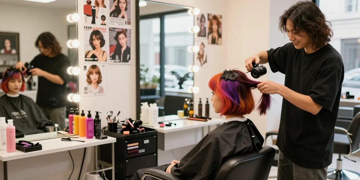 Fashionable woman showcasing a new hair style trend in a trendy salon.