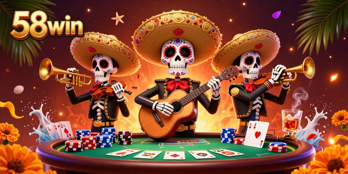 Bet with 58win at a vibrant online casino setting, where festive skeletons play lively