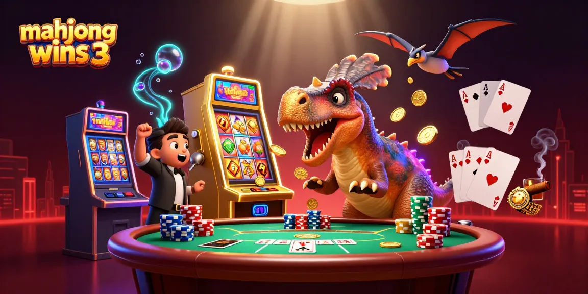 Experience mahjong wins 3 as a cartoon pachycephalosaurus hits a golden slot machine, capturing celebrations.