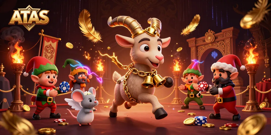 ATAS casino scene with festive Krampus, angel mouse, and mischievous gremlins amidst vibrant gambling action.