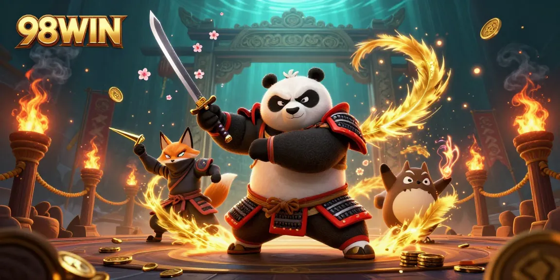Experience thrilling adventures with 98WIN's samurai panda and ninja fox in an epic casino showdown.