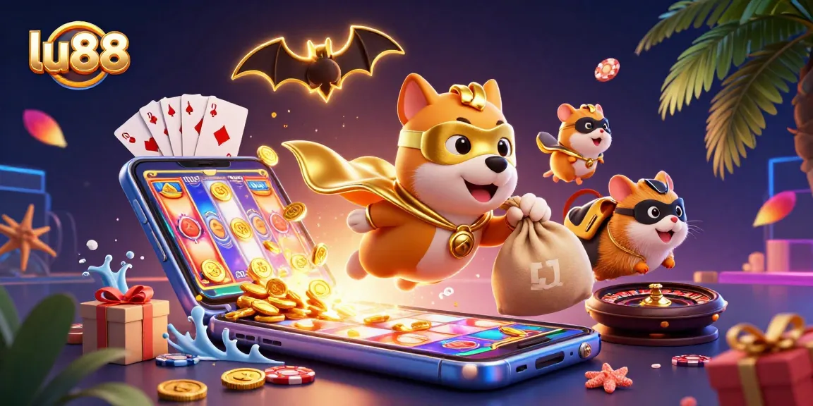 Experience thrilling wins at lu88 with a dynamic 3D casino scene featuring iconic games and characters.