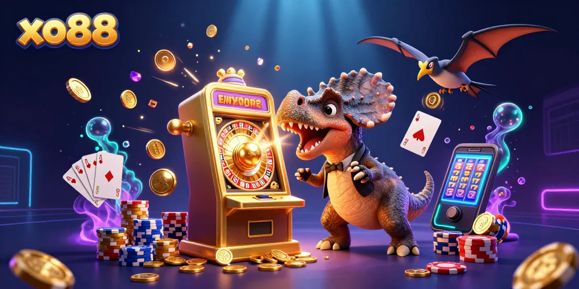 Experience the thrilling action of xo88 with a cartoon dinosaur triggering a jackpot on a slot machine.
