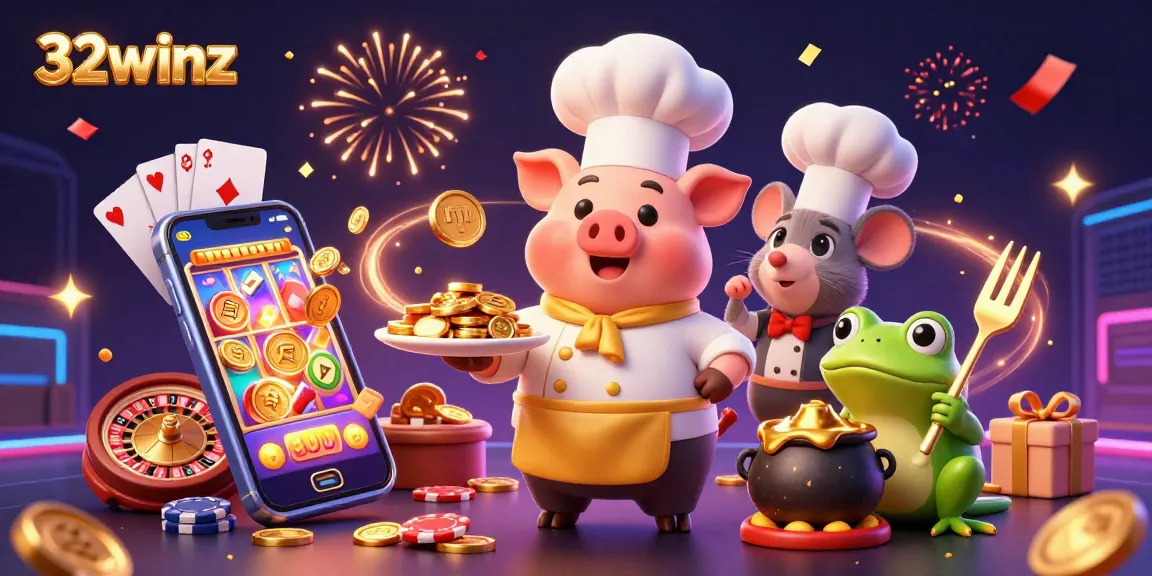Engage in the thrilling world of 32winz with a vibrant 3D illustration showcasing casino games and festive characters.