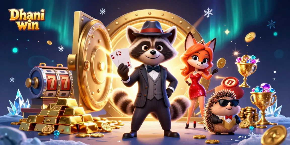 Dhani win offers thrilling gameplay with raccoon, fox, and hedgehog celebrating at a vibrant casino scene.