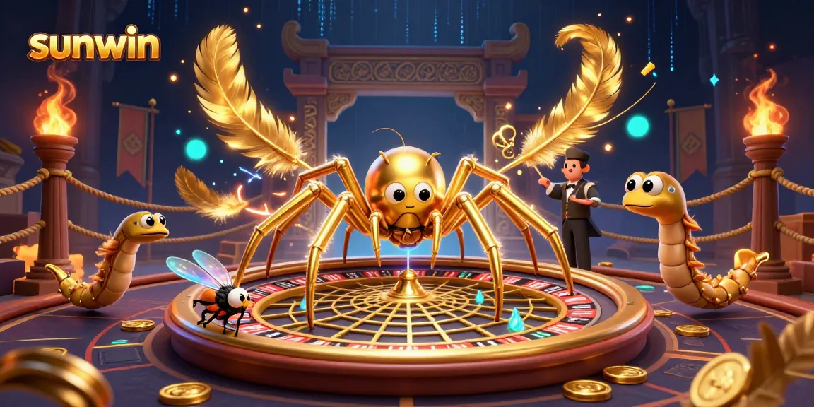 Experience the thrill of betting at sunwin, with a golden spider spinning a roulette wheel web in a vibrant casino scene.